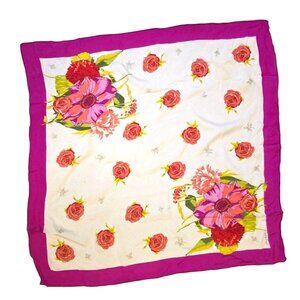 Vintage Oscar De La Renta Studio 100% Silk Floral Scarf With Pink Border Magenta